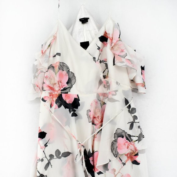 City Chic Dress 16W Womens Plus Maxi White Floral High-Low Cold-Shoulder V-Neck - Picture 4 of 8